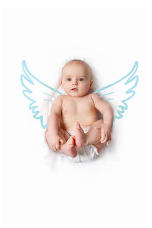 Baby boy cupid with blue doodle wings.の写真素材