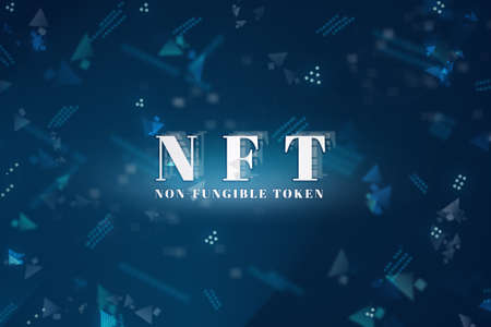 NFT. Metaverse. Digital art. Money Financial Concepts. Future reality. Neon blue text and cosmic...