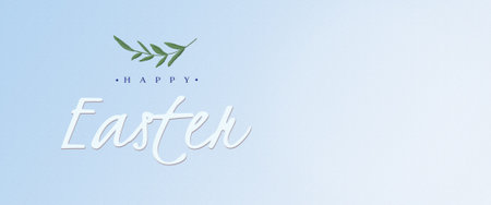 Happy easter text on blue background can be used as holiday banner. Right copy space. Decorated with drawn green branch. Minimalism concept.の写真素材
