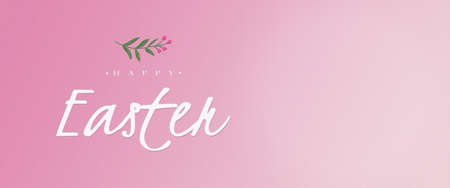 Happy easter text on pink background can be used as holiday banner. Right copy space. Decorated with drawn green branch. Minimalism concept.の写真素材