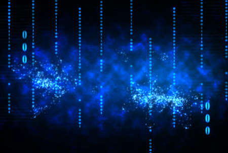 Digital universe background with digital art of binary code, cosmic waves ans glowing spatter and...