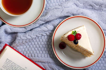 Top view of cozy fall breakfast in bed. Black tea in amazing cup with flowers, piece of homemade cake with fresh berries. Open book. Gray plaid.の写真素材