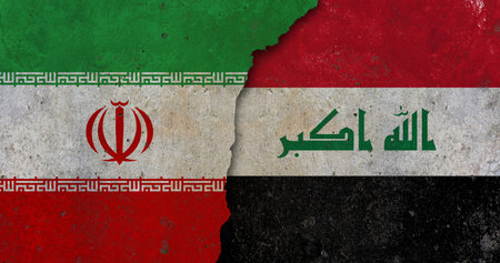 Iran and Iraq geopolitical tension concept with cracked flags mural background