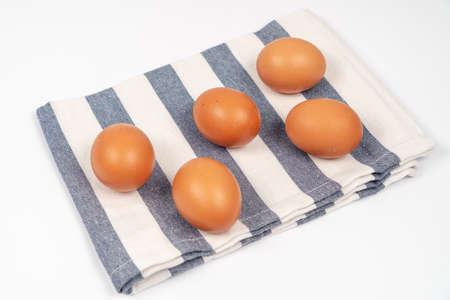 Chicken Raw Eggs On The Kitchen Dishcloth.