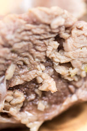 Closeup macro boiled beef meat for soup.