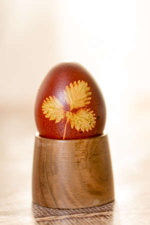 Brown Easter egg in the wooden holder with sunny backlight.