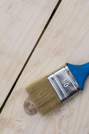 Closeup macro paintbrush on the wooden board plunks.