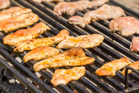 Chicken breasts and pork meat frying on the barbecue grill.の写真素材