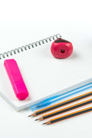 Wooden school pencils with pencil case pencil sharpener and copy space.の写真素材