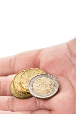 Two metal euro coins in the hand with white copy space background.の写真素材