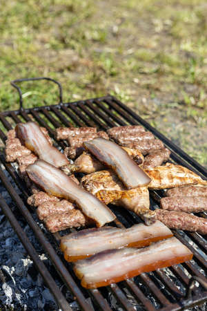 Chicken meat and smoked sausages on the grill.の写真素材