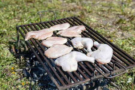 Chicken meat on the grill outside on a sunny day.