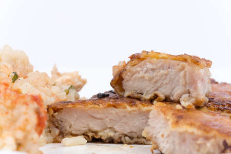 Sliced fried steak with vegetables.の写真素材