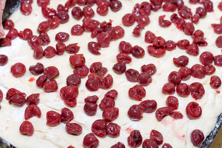 Cherries on the prepared dough ready for baking.の写真素材
