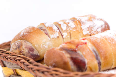 Cherry cream roll buns pastry homemade copy space.