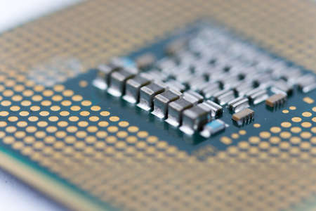 Close up macro selective focus of pc processor computer abstract background.