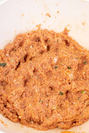 Raw minced meat mixture for meatballs in the bowl.の写真素材