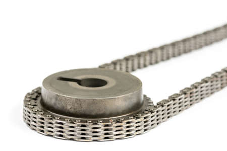 Closeup macro used oiled timing chain with cam shaftの写真素材