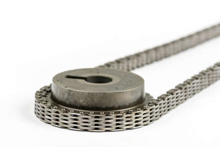 Closeup macro used oiled timing chain on cam shaft