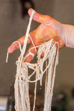 Butcher holding raw pig intestines in the hand