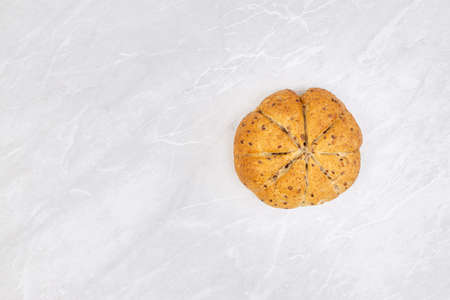 Top view of round bread with copy space.の写真素材