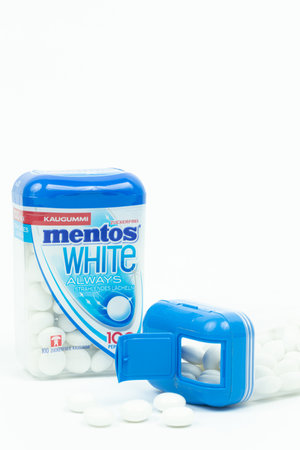 Belgrade - 14.03.2021. - Mentos chewing gums isolated above white background.のeditorial素材