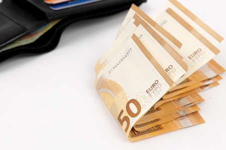 50 euro banknote currency closeup image. Economy concept with euro paper money.の写真素材