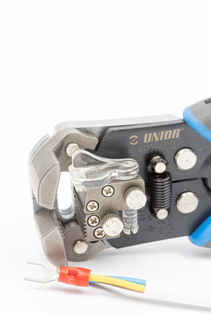 Belgrade - 19. March 2021. - Unior Crimp Grip Pliers isolated above white background.のeditorial素材
