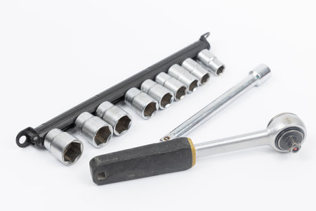 Socket Spanner Wrenches isolated on White Background. Metal tools isolated on whiteの写真素材