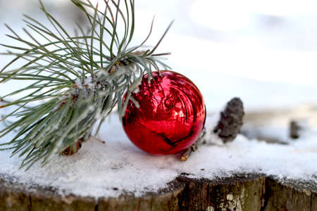 Christmas toys on the background of white snow and fir treesの写真素材