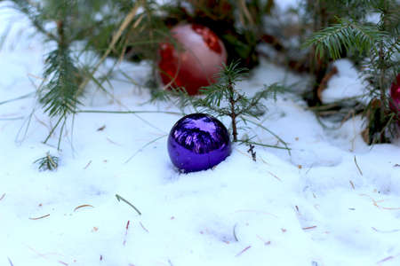 Christmas ball on the background of white snow and fir treesの写真素材