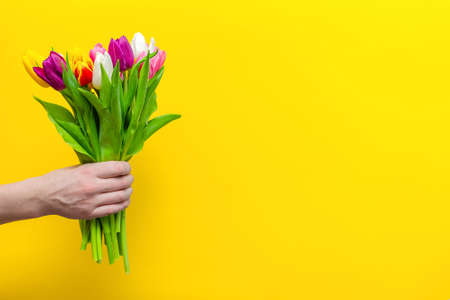 A bouquet of flowers in a mans hand on a yellow background. Congratulations on the holiday, March 8,...