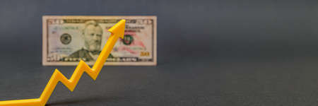 Dollar inflation, dollar depreciation, decline in the purchasing power of the American currency. Copy space. Fifty dollar banknote on black background and up arrow.の写真素材