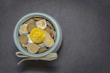 The bitcoin coin lies in the piggy bank on fiat coins. Cryptocurrency accumulation and investment...
