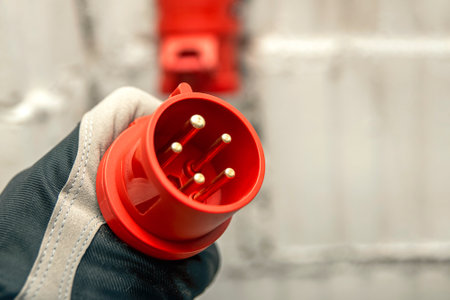 High voltage plug in hand. Connecting a 380 volt high voltage, three phase plug to an outlet.