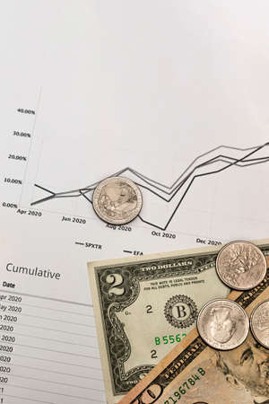 investment report, financial quarterly report, money on a printed sheet of a quarterly report and graphs on a white background, vertical photo, space for text.の写真素材
