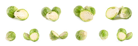 Brussels sprouts. Large set of fresh brussels sprouts in stacks on a white isolated background. Deep focus stacking.の写真素材