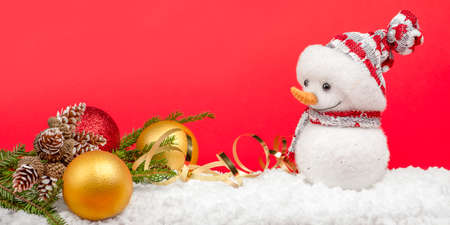 Snowman on a red background. christmas concept. Christmas card with copy space. Happy New Yearの写真素材