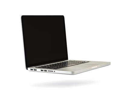 A laptop hovers in the air casting a shadow on a white isolated background. White screen for copy...