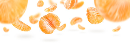 A large set of mandarin slices isolated on a white background falling down casting a shadow. Separate tangerine slices to insert into a project or designの写真素材