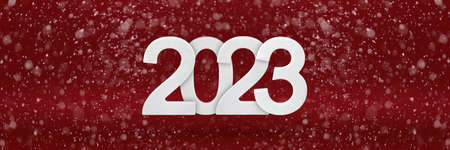Happy New Year 2023 greeting template. Festive 3d banner with white numbers 2023 on a red...