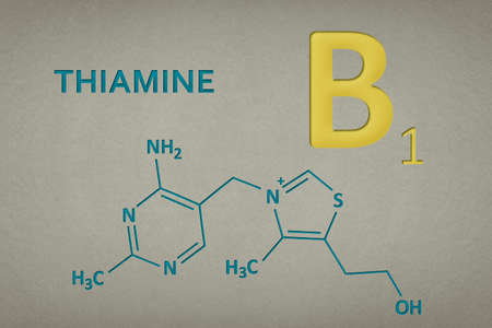 Vitamin B1. Thiamine molecule on paper texture background. Skeletal formula of vitamin b1. Recessed...