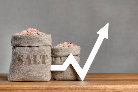Salt price. Bag of salt and graph arrow pointing up, down. Rising salt prices and exports.