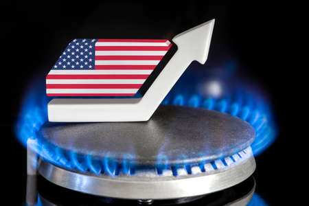 Gas price. Rise in gas prices in USA. A burner with a flame and an arrow up, painted in the colors...