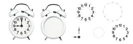 alarm clock without arrows. Empty alarm clock with a set of numbers and arrows. White classic alarm...