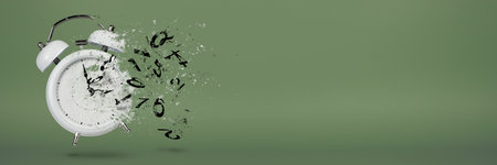 Time is running out. White alarm clock with flying numbers as a symbol of lost time. The concept of time is running out, loss or lack of time, an alarm clock with numbers shatters into small pieces.の写真素材