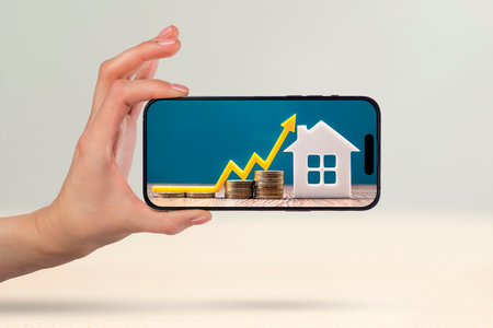 Real estate market, graph, up arrow. House model and stack of coins. Hand with phone and copy space. On the screen of the phone the concept of cost, insurance, real estate mortgage.の写真素材