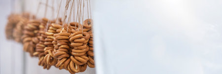 A bundle of dry ring-shaped cookies. Russian traditional cookies.の写真素材