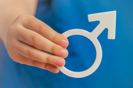 Gender symbol of a man. Symbol of a man in his hands on a blue background. The concept of male leadership or gender equality.の写真素材