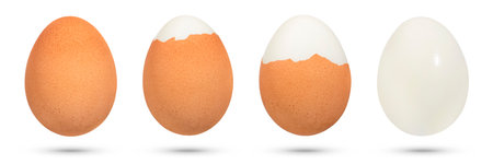 Boiled chicken eggs, with different levels of shelling on a white isolated background. The concept...